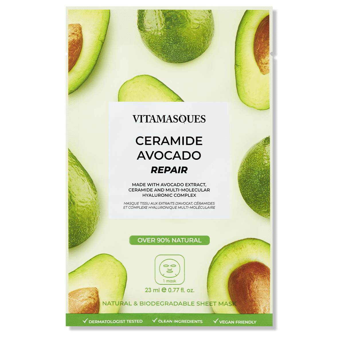 Ceramide Avocado Repair Face Sheet Mask, designed to hydrate and repair with natural ingredients. Discover ocean friendly skincare brands at Eco Skincare.