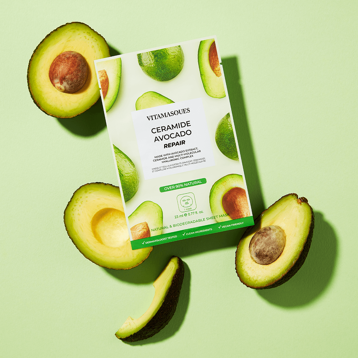 Ceramide Avocado Repair Face Sheet Mask, designed to hydrate and repair with natural ingredients. Discover ocean friendly skincare brands at Eco Skincare.