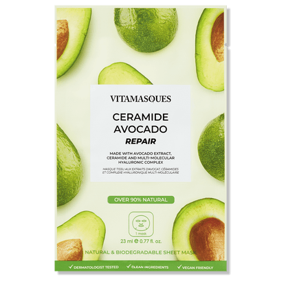 Ceramide Avocado Repair Face Sheet Mask, designed to hydrate and repair with natural ingredients. Discover ocean friendly skincare brands at Eco Skincare.