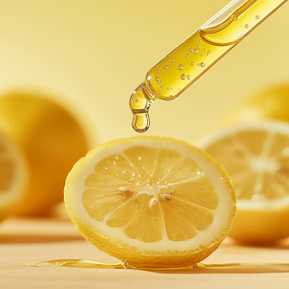 Lemon slice with a dropper of yellow liquid on a yellow background