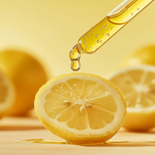 Lemon slice with a dropper of yellow liquid on a yellow background